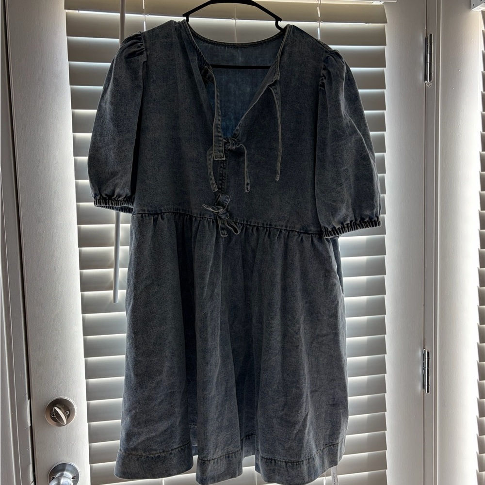 Girls' Washed Denim Puff-Sleeve Dress